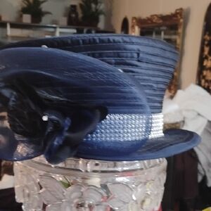 Navy Satin Church Hat with Rhinestone Band